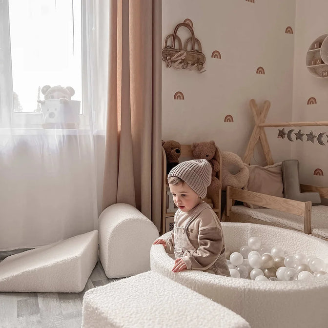 Ensemble Éléments + Piscine à balles carrée 90x90x40cm Bouclé Blanc - Mimii