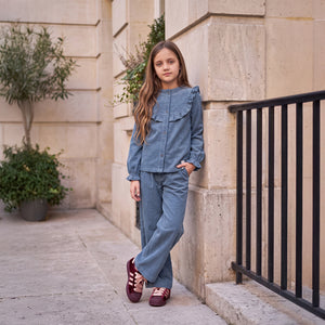 Your Wishes - Rib Denim Ruﬄe Blouse