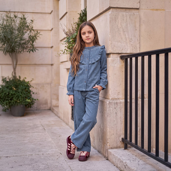 Your Wishes - Rib Denim Ruﬄe Blouse