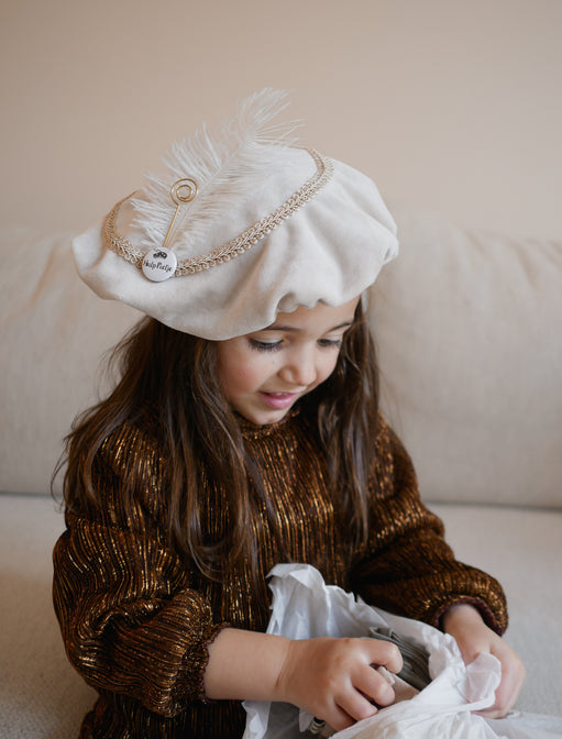 Luxe Pietenmuts met sint staf en strik - Beige velvet - Zoemi Baby