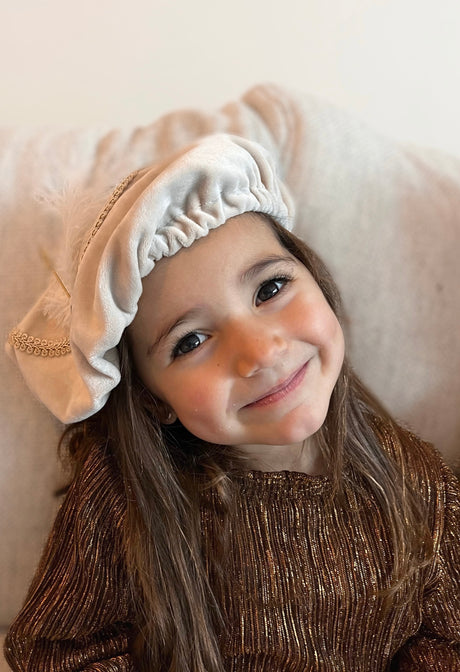 Luxe Pietenmuts met sint staf en strik - Beige velvet - Zoemi Baby