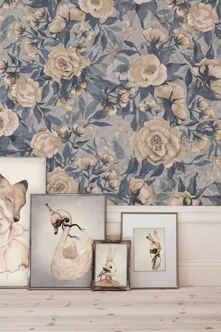 Papier peint Coquelicots pour Marlene - Bleu poussiéreux - Mme Mighetto