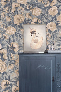 Papier peint Coquelicots pour Marlene - Bleu poussiéreux - Mme Mighetto