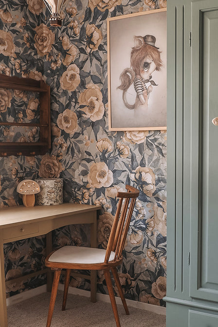 Papier peint Coquelicots pour Marlene - Bleu poussiéreux - Mme Mighetto